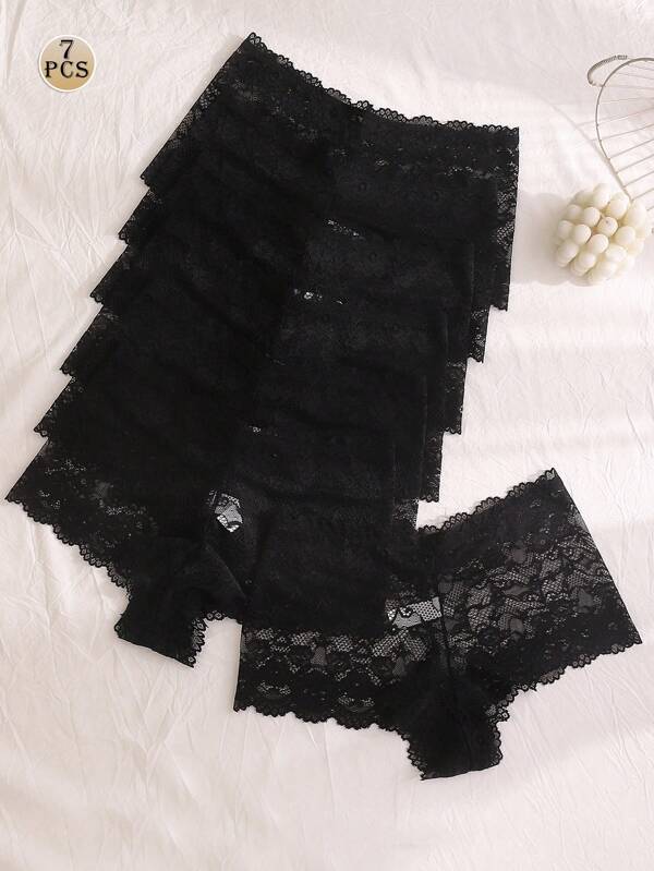 7pcs/Pack Black Lace Trim Ladies Panties, Sexy & Comfortable Briefs