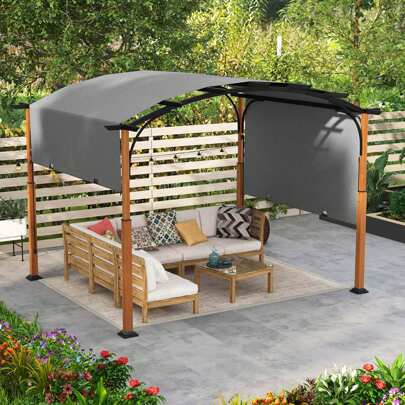 Lifezeal 10 X 12 FT Outdoor Retractable Pergola With Retractable Canopy Wood Looking Posts Beige/Gray