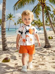 Baby Boys' Casual Coconut Tree Print Short Sleeve Shirt And Shorts Set, Suitable For Vacation In Summer