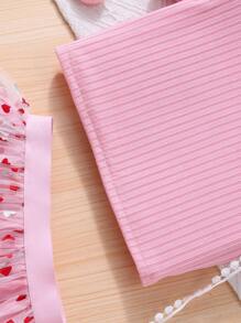 Girl Toddlers' Solid Ribbed Short Sleeve Crew Neck Rhinestone T-Shirt + Heart Net Skirt Set With Heart Crossbody Bag, Summer - Pink - View 7