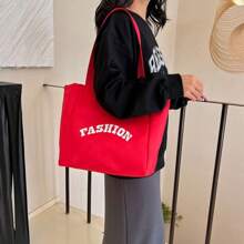 Fashion Large Capacity Letter Printed Tote Bag Simple Lightweight Shoulder Shopping Bag Canvas Handbag - Red - View 5