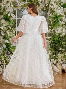 UNITHORSE Women Plus Size Wedding V-Neck Ruffle Sleeve 3D Floral Embroidered Mesh Cinched Waist Elegant Big Hem Wedding Dress Gown, Bride Dress, Birthday Outfits, Graduation Dress, Formal Dress, All White Party Outfit Women - White - View 3