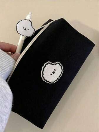 1 件大容量简约可爱风格铅笔盒帆布黑色顺滑拉链文具笔收纳袋返校，大容量，女士便携式化妆包，学校、办公室和旅行必需品收纳袋，非常适合青少年、女孩和男孩，耐用拉链设计，返校，返校，学校用品