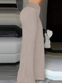 Stripe Textured Cross Front Wide Leg Pants - Khaki - View 2