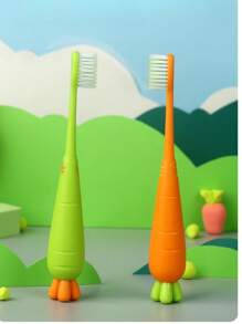 2pcs Carrot Shape Standing Children's Soft Bristle Toothbrush, Suitable For 2-3-6-12 Years Old Kids
