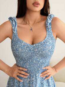 Vestido Azul semi corto tirantes mini print con olan - Azul - Ver 5