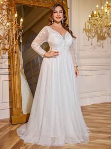 UNITHORSE Suknia ślubna w dużym rozmiarze z kołnierzykiem w kształcie serca, perłowym haftem, koronką i siateczką w kontrastowym białym kolorze - Biały - Zobacz 4