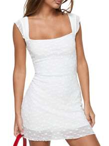 Women Bodycon Dress, Sleeveless Square Neck Backless Flower Slim Fit Mini Dress Clubwear - 白色 - 查看 6