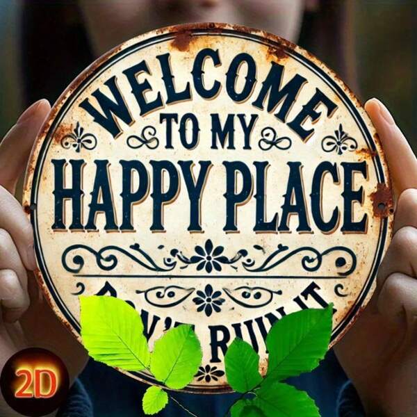1pc 8-Inch Round Wooden Sign - "Welcome To My Happy Place" - Durable, Easy To Hang Bedroom, Kitchen, Dining Room And Bar Decor - Ideal Home Or Office Gift, Room Decor - Random Hole Style