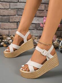Women's Beige Wedge Heel Sandals, Strap Design, Lightweight & Comfortable High Heel Sandals, Fashion Thick-Sole Beach Sandals For Summer