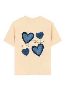 1 pieza Camiseta de manga corta con estampado de corazón para niñas preadolescentes, cómoda y de moda para estudiantes jóvenes en verano - Albaricoque - Ver 6