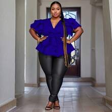 Plus Size Women's Summer Ruffles Waist Belt Solid Color Casual Fashion T-Shirt - Blue - View 8