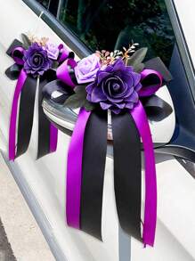 1PC Rose Flower Rearview Mirror Decoration Flower Wedding Car Flower Wedding Scene Decoration, Staircase Handrails, Corridor Door Handle Bow Rose Decoration - Multicolor - View 9