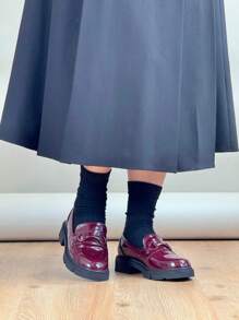 Kleine Lederschuhe im britischen Stil, Slipper mit dicker Sohle für Damen, dicker Absatz, erhöhte Halbschuhe, Mary Jane-Schuhe - Wein - Übersicht 2