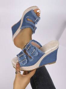 女式夏季新款时尚厚底流苏双排扣系带凉鞋