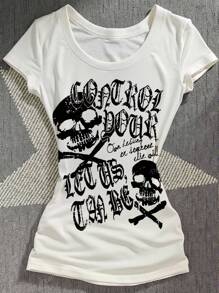 Camiseta de manga corta estilo vintage punk rock, estampado de calavera y huesos, prenda de calle americana de los años 2000 (Y2K) para primavera y verano