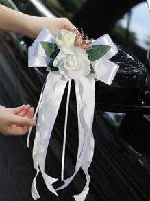 1PC Rose Flower Rearview Mirror Decoration Flower Wedding Car Flower Wedding Scene Decoration, Staircase Handrails, Corridor Door Handle Bow Rose Decoration - Multicolor - View 3