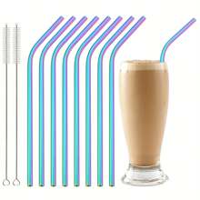 Jokipvy Set de 8 pajitas reutilizables de acero inoxidable 304 con forma curva, aptas para zumo, batido, leche con té, café, cócteles, útiles escolares - Multicolor - Ver 2