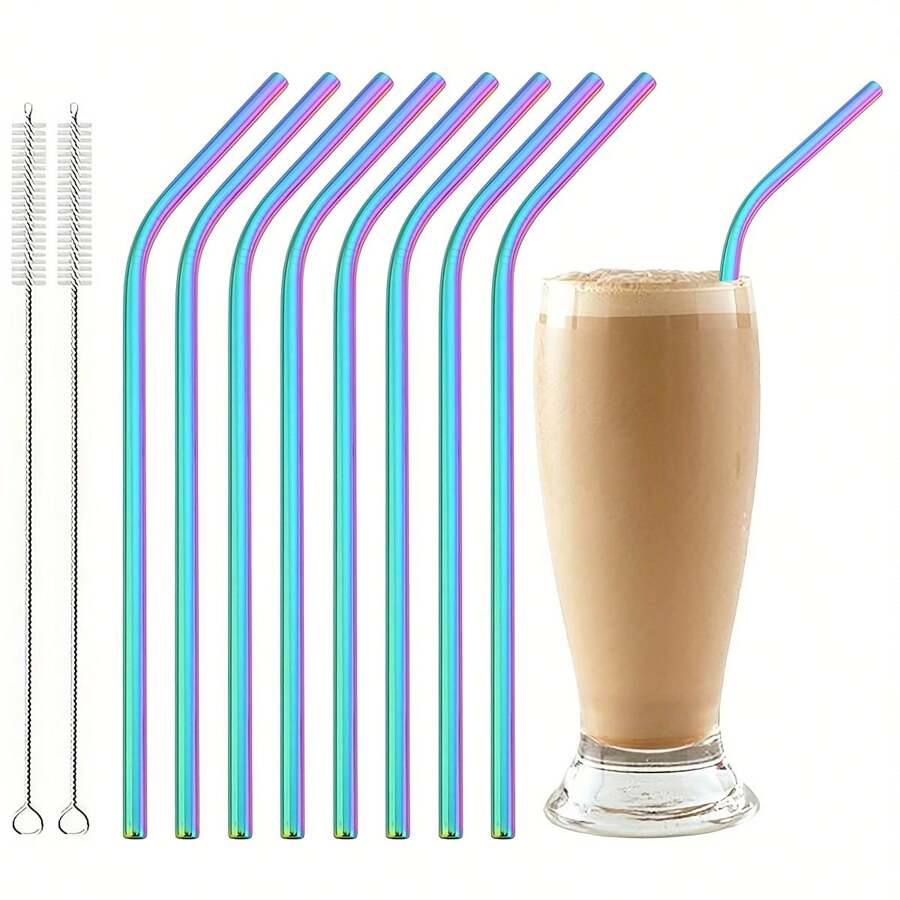 Jokipvy Set de 8 pajitas reutilizables de acero inoxidable 304 con forma curva, aptas para zumo, batido, leche con té, café, cócteles, útiles escolares