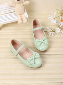 Girls Silver Bow Decor Cute Princess Flat Shoes, Casual Low Vamp Shoes For Older Kids, Spring/Summer, Student/Dance Performance - Mint Green - View 2