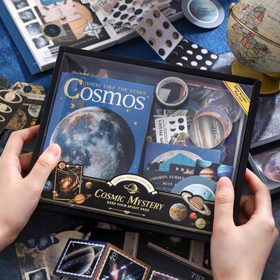 Caja de regalo cósmica, cintas estilo Ins nostálgicas y artísticas, pegatinas, cuaderno, bolígrafo, materiales de espacio y planeta, útiles escolares, de vuelta a la escuela