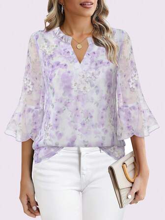 CheersLife 女士精美衬衫 双层网眼连衣裙 3/4 荷叶边喇叭袖衬衫