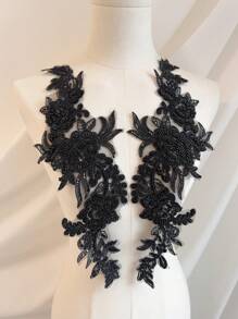 3D Black Mesh Flower Patch, Paired With Black Sequins And Beads - Sewn - Charming DIY Decoration (1 Pair) - Black - View 3