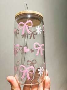 1 Pc Glass Cup Pink Bow 550ml ,Coffee Cup With Sealed Bamboo Lid And Straw, Christmas,Summer, Halloween,Suitable For Office And School, For Coffee, Tea, Beer, Juice, Hot And Cold Drinks, Smoothies, Etc,Reusable, Thermal Insulation, Used For Parties, Gatherings, Festivals, Thanksgiving,Teachers' Day, Holiday Gifts, A Gift For Mom, Lovers, Boyfriends And Girlfriends,Best Friend, Bride.