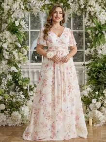 UNITHORSE Random Floral Print Plus Size Women Elegant V-Neck Ruffle Sleeve Detachable 3D Floral Decor Digital Print Chiffon Bridesmaid Dress, Birthday Dress, Graduation Dress, Formal Dress - Apricot - View 1