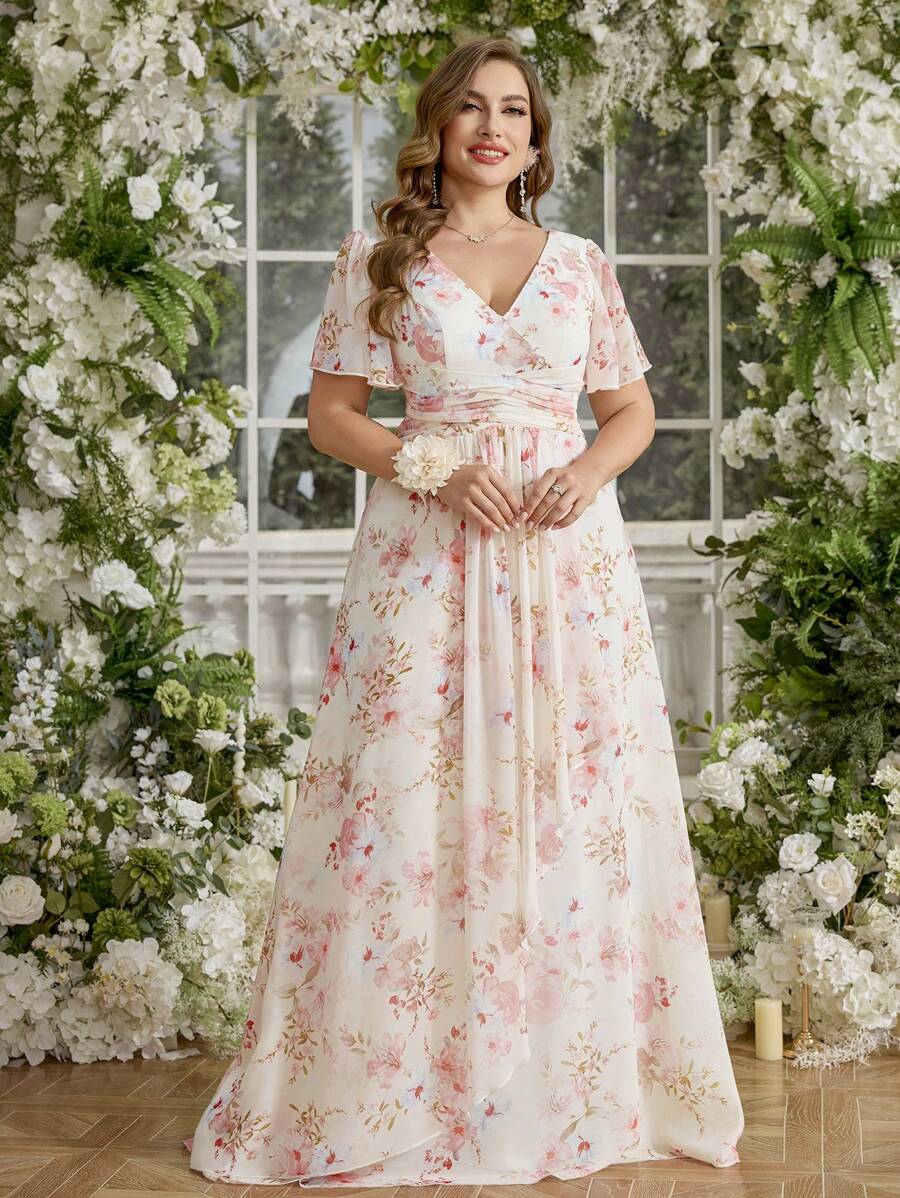 UNITHORSE Random Floral Print Plus Size Women Elegant V-Neck Ruffle Sleeve Detachable 3D Floral Decor Digital Print Chiffon Bridesmaid Dress, Birthday Dress, Graduation Dress, Formal Dress - Apricot - View 1