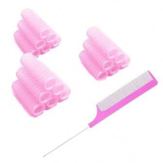 19 件自握式小型卷发器，专业沙龙风格免热卷发滚筒，DIY 发型卷发工具，鼠尾梳，中号适合短发（粉色）