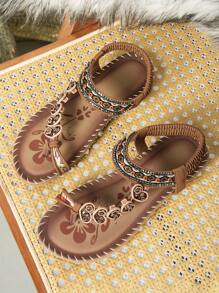 2025 Summer Woven Sandals, Women's Flat Bohemian Style Rhinestone Peep Toe Sandals - Coffee Brown - View 6