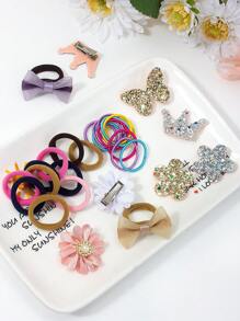 220件套女孩可爱花朵、水钻、欧根纱蝴蝶结、发圈、发夹、弹力发带、发饰套装，粉色和咖啡色调 - 彩色 - 查看 5