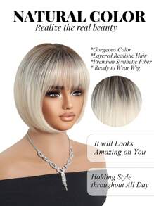 Stylish Women's Wig 10-Inch Gradient White Gold Short Straight Bob Wig With Bangs Stylish Elegant Women's Wig Perfect For Holiday Travel Family Gatherings Everyday Wear