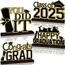 4Pcs Black And Gold Graduation Decorations Class Of 2025 Congrats Grad Wooden Table Centerpieces Grad Table Toppers Congratulate Tiered Tray Decor For 2025 Graduation Decorations - Multicolor - View 11