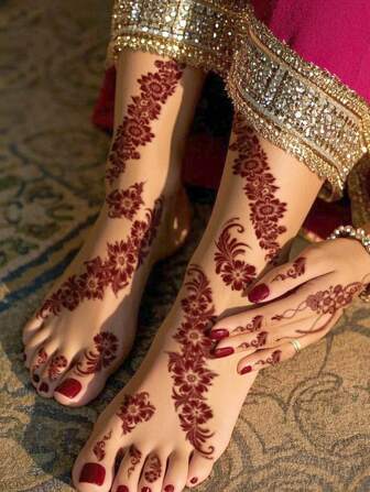 8 st/set Brun/röd/kastanj blommiga tatueringsklistermärken, sexiga fingertoppar med henna nagelkonst, vattentäta tillfälliga tatueringsdekaler för kvinnor, bröllop och fest