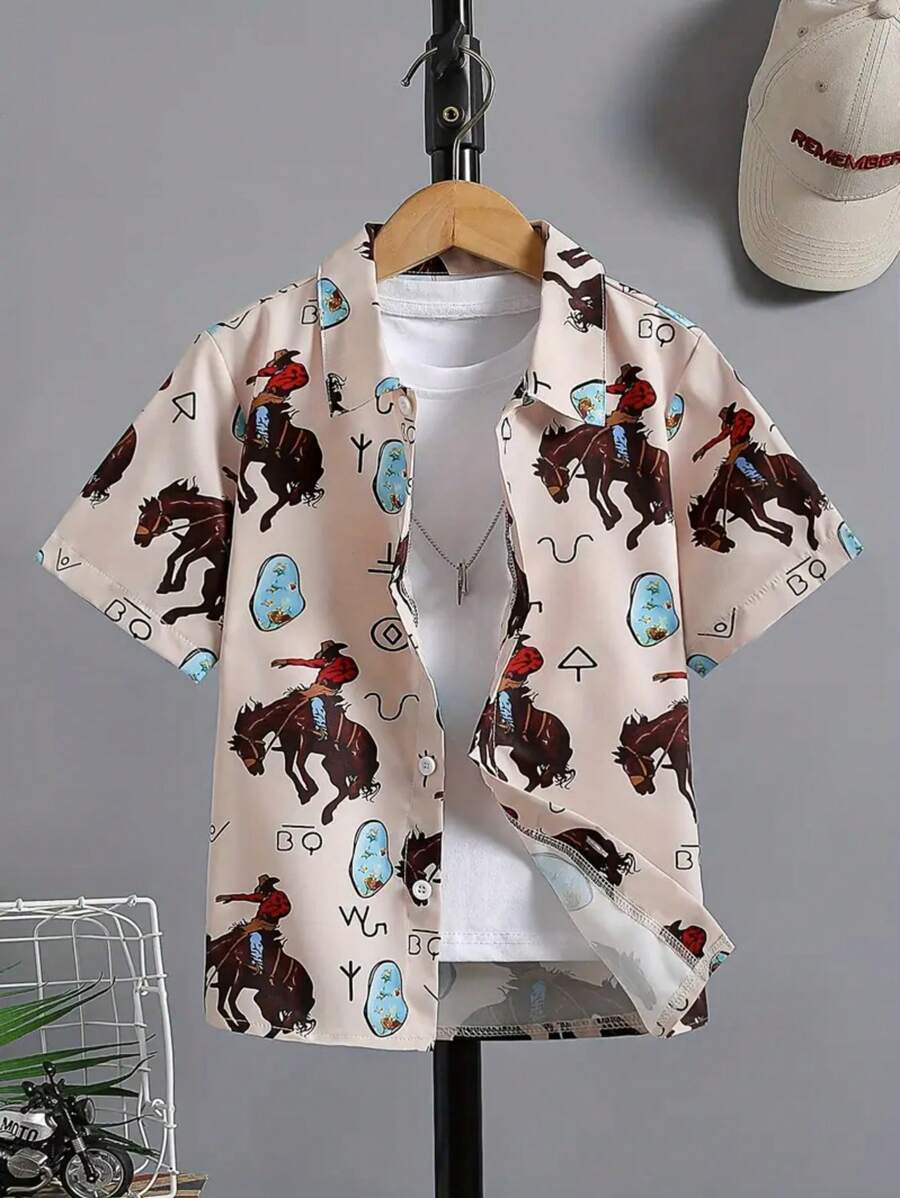 Boys' Bull Skull Print Shirt, Short Sleeve Casual Loose Breathable Holiday Shirt For Summer