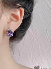 1 对小巧水钻和紫色方晶锆石简约优雅耳钉，百搭日常佩戴，适合女士、婚礼、情人节、新年 - 紫色 - 查看 3