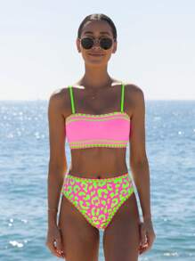 popvil Summer Bandeau Shell Trim Leopard Beach Vacation Pool Bikini Set