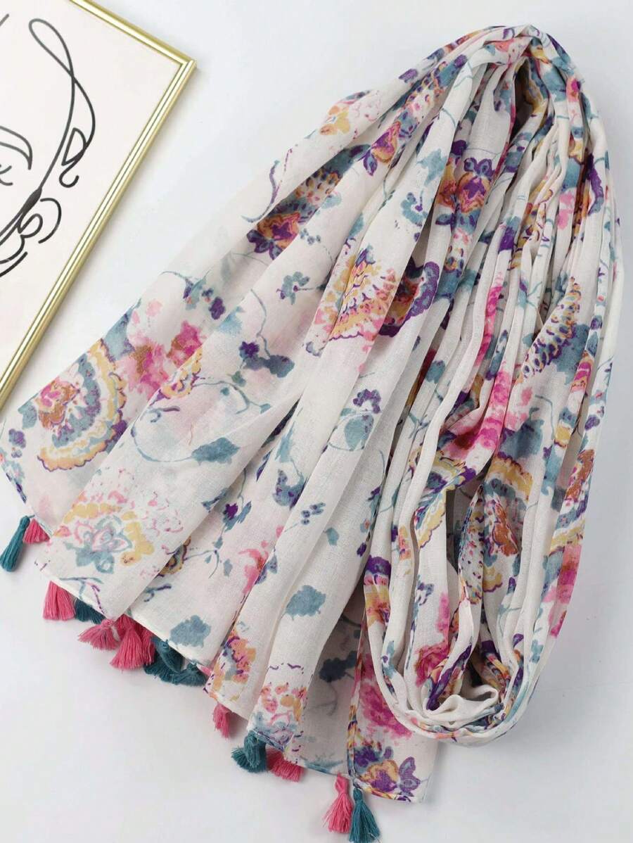 1pc Spring & Autumn Floral Print Fringed Shawl/Beach Towel For Dress - Multicolor - View 1