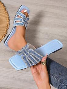 New Spring/Summer Fashion Brand H-Design Slip-On Slide Sandals For Women, Casual Slip-On Roman Style Slippers, Comfortable Flat Slip-On Black Beige Brown Sandals, Blogger Recommended Desert Keyhole French Elegant Rhinestone Wedge Sandals, Summer Beach Shoes, Slip-On Slipper Love Booster French Design Low Heel Round Toe Casual Indoor Outdoor Non-Slip Crocodile Print Sandals - Blue - View 5