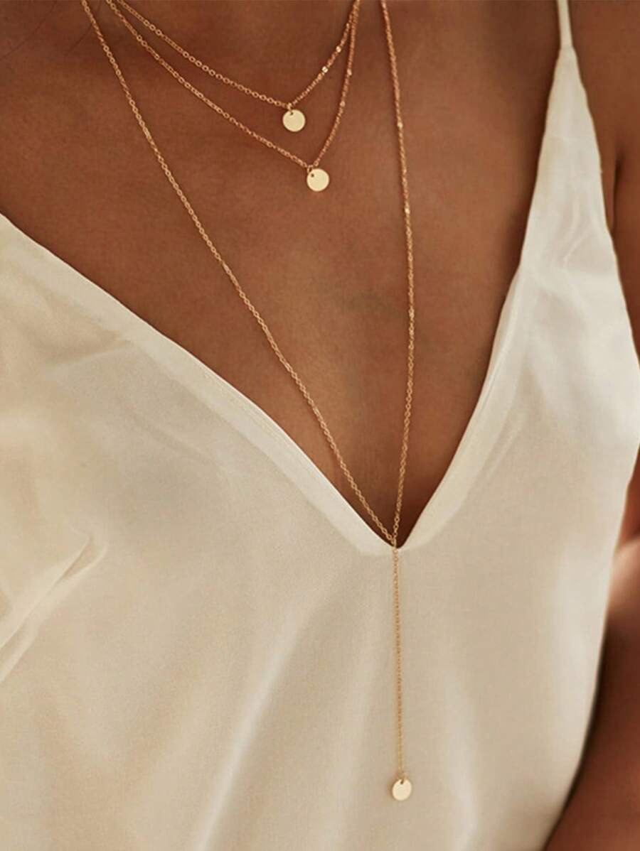 1pc Fashionable Multi-Layer Necklace For Women, Metal Sequin Pendant, Suitable For Parties, Gatherings, Vacations, Gifts And Daily Wear - Gold - View 1