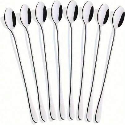 8/16 st rostfria skedar med långa handtag, kaffe-/glassskedar och cocktailrörare