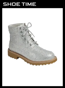 Lace Up Rhinestone Glitter Combat Boots, Metallic Boots Vacation Shoes Halloween Wonderful - 銀色 - 查看 1