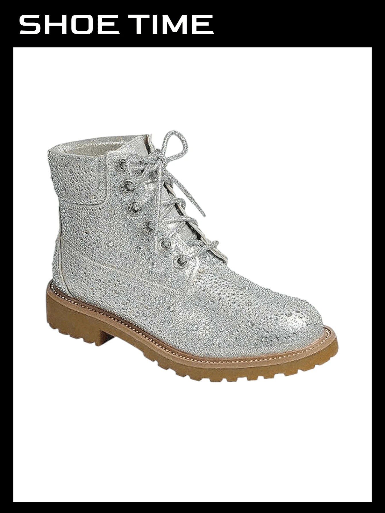 Lace Up Rhinestone Glitter Combat Boots, Metallic Boots Vacation Shoes Halloween Wonderful - 銀色 - 查看 1