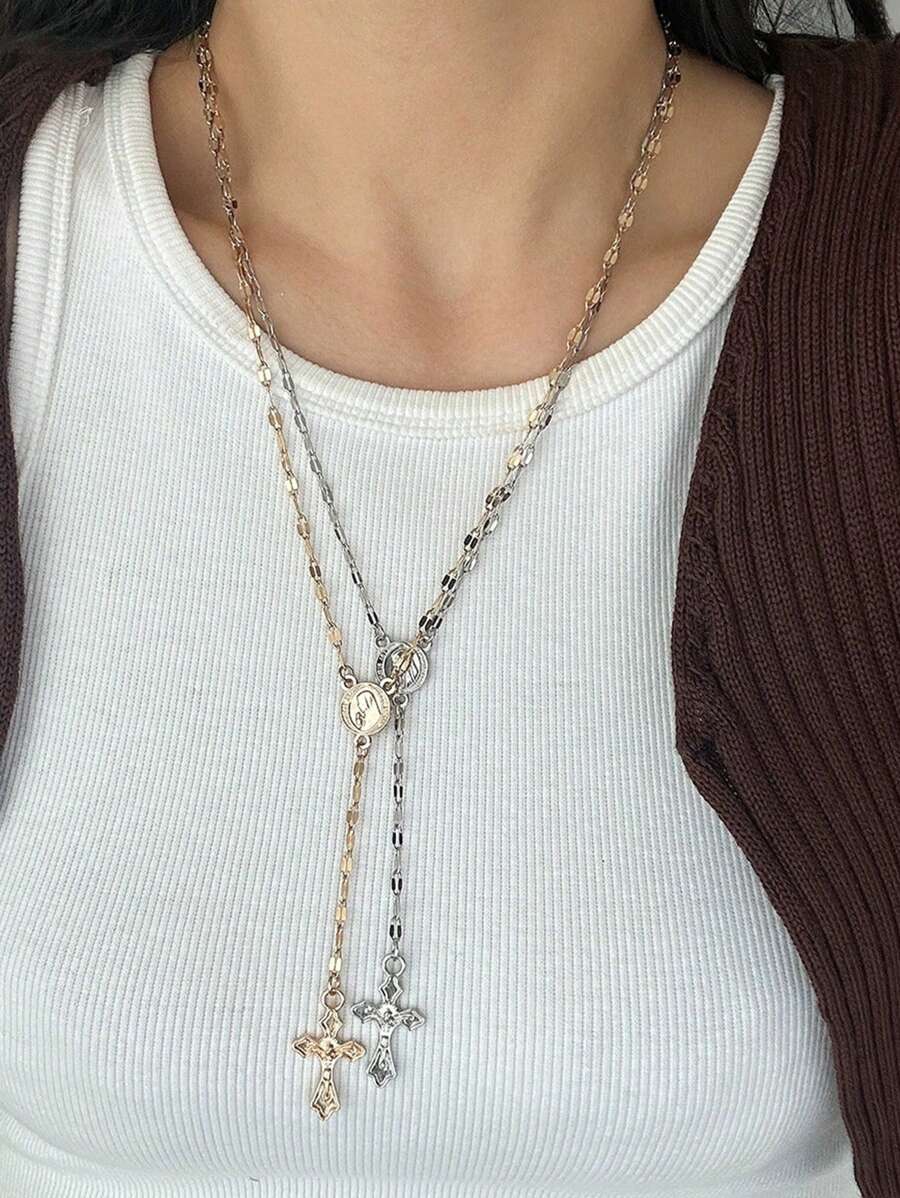 1pc Retro Virgin Mary Cross Pendant Necklace - Our Lady - View 1