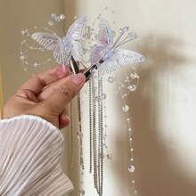 Girls' Butterfly Tassel Hairpin, Ancient-Style Hanfu Hair Accessories, Kids Crystal Stage Performance Nature-Inspired Princess Birthday Hair Decor, Cute
