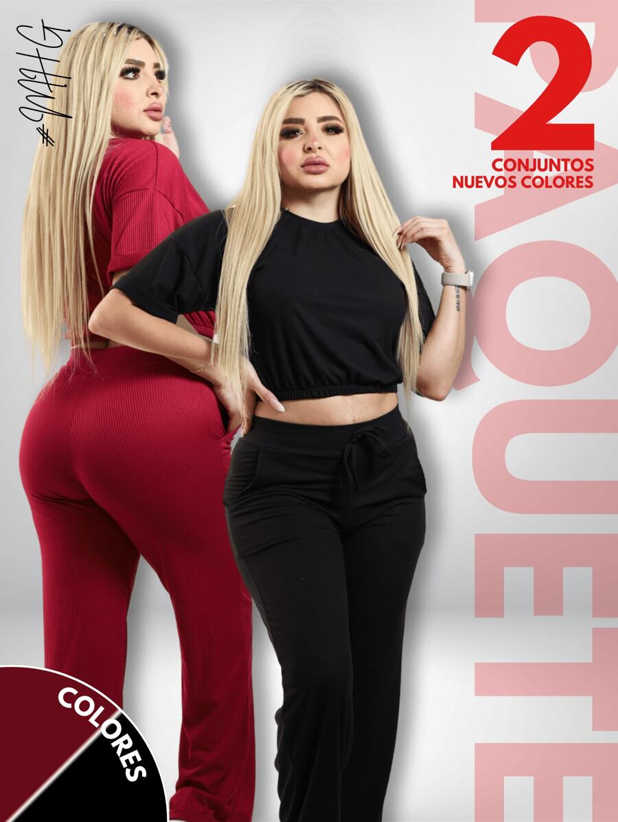 Camiseta de cuello redondo y mangas estilo murciélago y pantalones con cordón en la cintura - Caoba / Negro - Ver 1