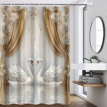 1/4pcs Elegant Swan Print Waterproof Shower Curtain Set With 12 Hooks, Floral And Golden Decorative Elements, Bathroom Decor Curtain With Toilet Cover, U-Shape Mat, Modern Home Bath Accessory, Machine Washable