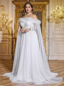UNITHORSE UNITHORSE Plus Size Off Shoulder Batwing Sleeve Open Back Lace Embroidery Mesh Contrast White Wedding Dress Gown, Bride Dress, Birthday Women Outfits, Graduation Dress, Formal Dress, All White Party Outfit Women